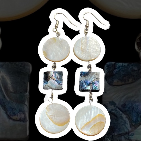 Hand Crafted Mother Of Pearl Earrings Dangle White & Steel Blue Handmade - Picture 2 of 6